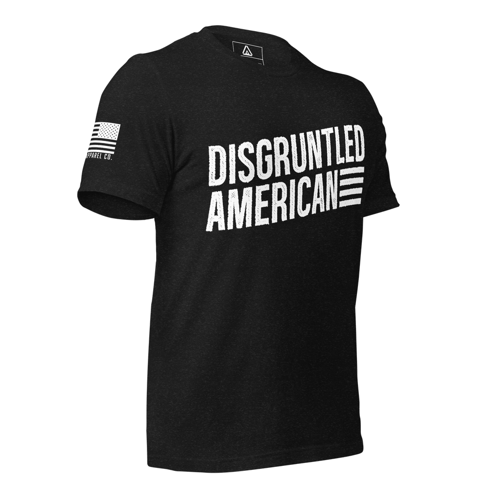 Black heather t-shirt angled left featuring white "DISGRUNTLED AMERICAN" text and a white American flag on the sleeve.