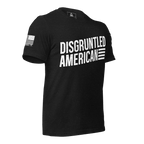 Black heather t-shirt angled left featuring white "DISGRUNTLED AMERICAN" text and a white American flag on the sleeve.