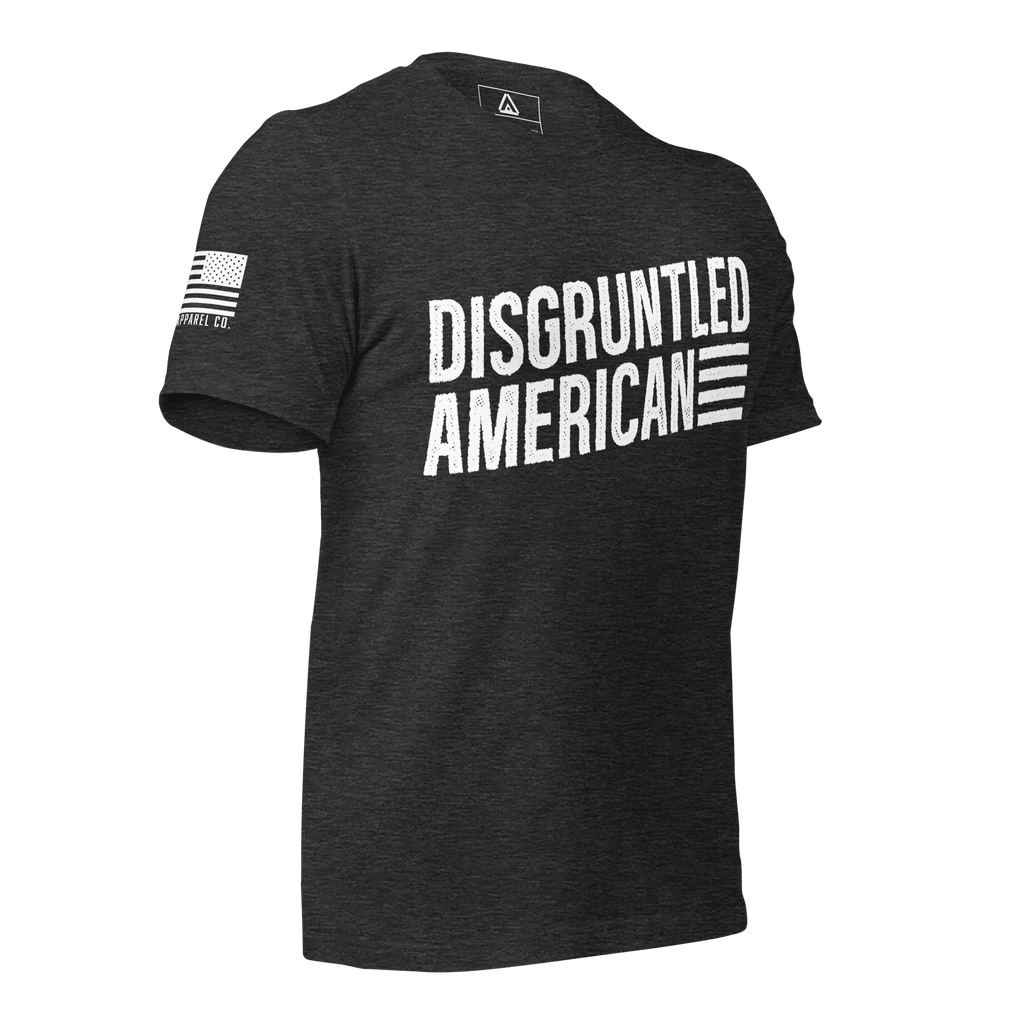 Dark grey heather t-shirt angled left featuring white "DISGRUNTLED AMERICAN" text and a white American flag on the sleeve.
