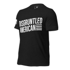 Black heather t-shirt angled right featuring "DISGRUNTLED AMERICAN" text and a white American flag on the sleeve.