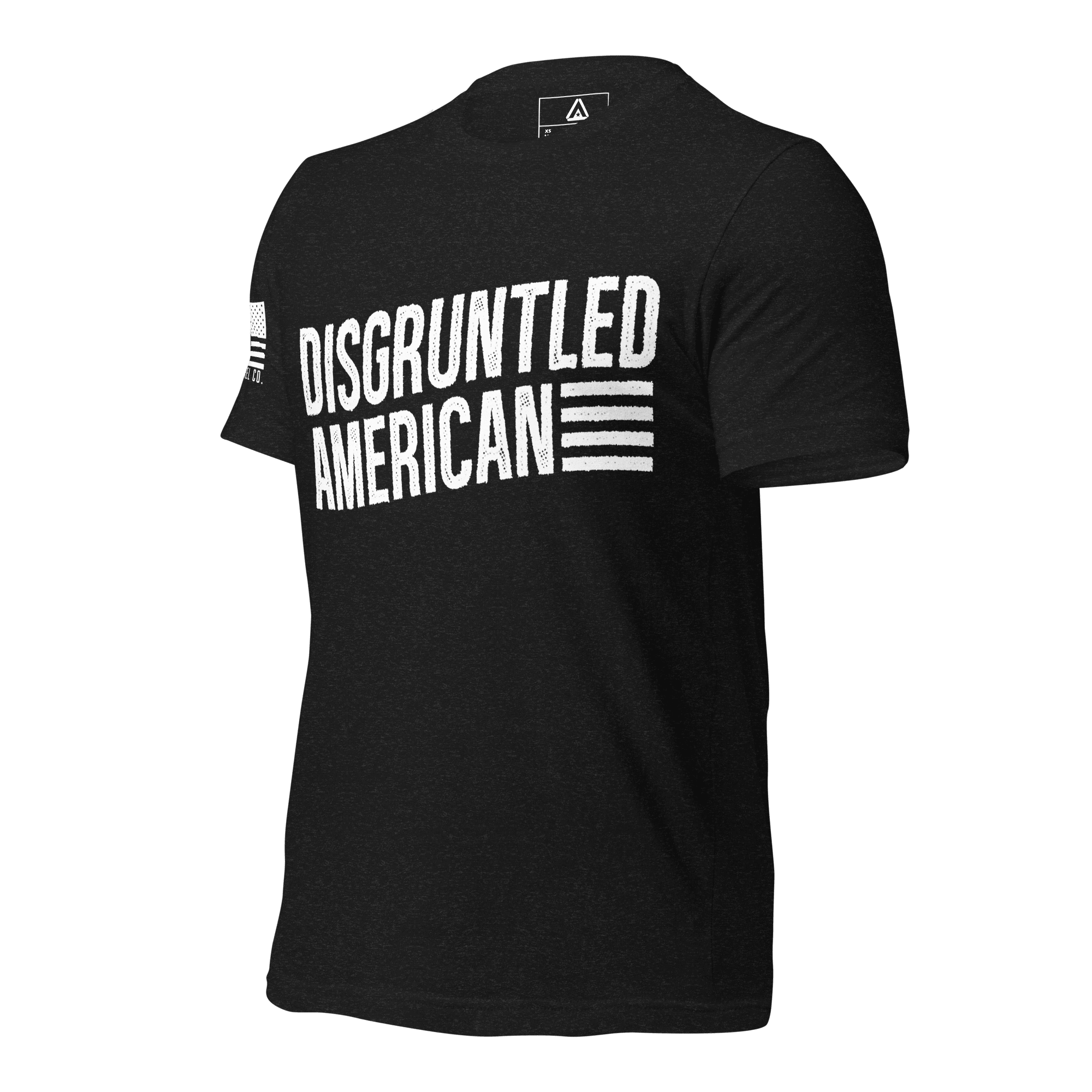 Black heather t-shirt angled right featuring "DISGRUNTLED AMERICAN" text and a white American flag on the sleeve.