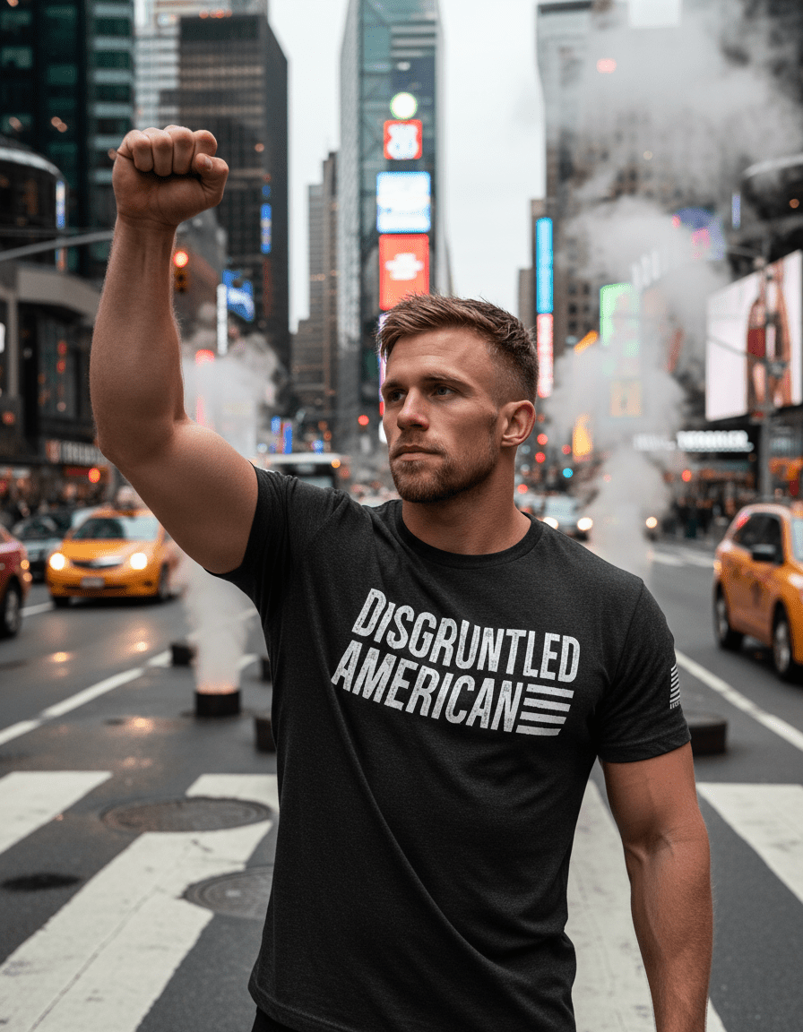 Athletic man in Times Square wearing a dark grey Disgruntled American t-shirt with a white sleeve flag.