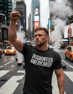 Athletic man in Times Square wearing a dark grey Disgruntled American t-shirt with a white sleeve flag.