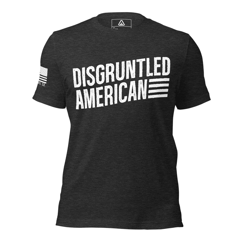 Dark grey heather t-shirt featuring white "DISGRUNTLED AMERICAN" text and a white American flag on the sleeve.
