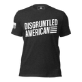 Dark grey heather t-shirt featuring white "DISGRUNTLED AMERICAN" text and a white American flag on the sleeve.