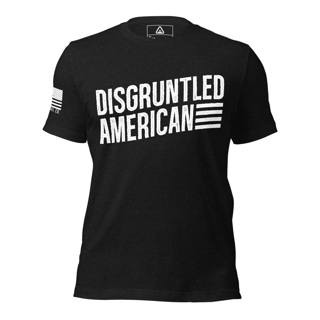 Black heather t-shirt featuring white "DISGRUNTLED AMERICAN" text and a white American flag on the right sleeve.