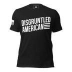 Black heather t-shirt featuring white "DISGRUNTLED AMERICAN" text and a white American flag on the right sleeve.