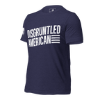 Midnight navy t-shirt angled right featuring white "DISGRUNTLED AMERICAN" text and a white American flag on the sleeve.