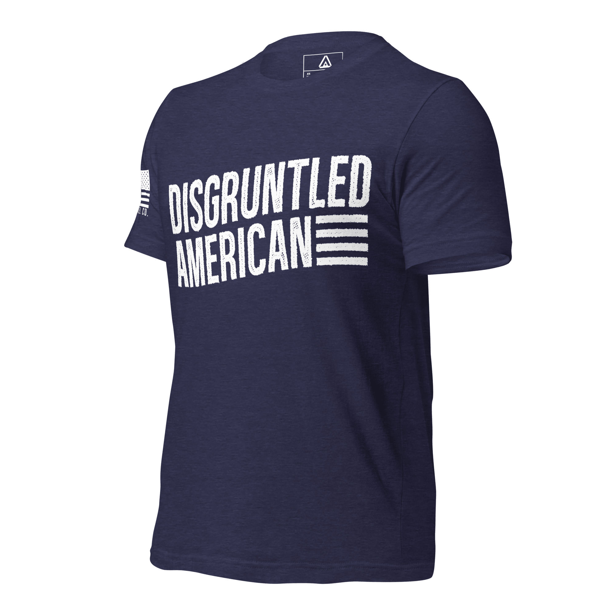 Midnight navy t-shirt angled right featuring white "DISGRUNTLED AMERICAN" text and a white American flag on the sleeve.