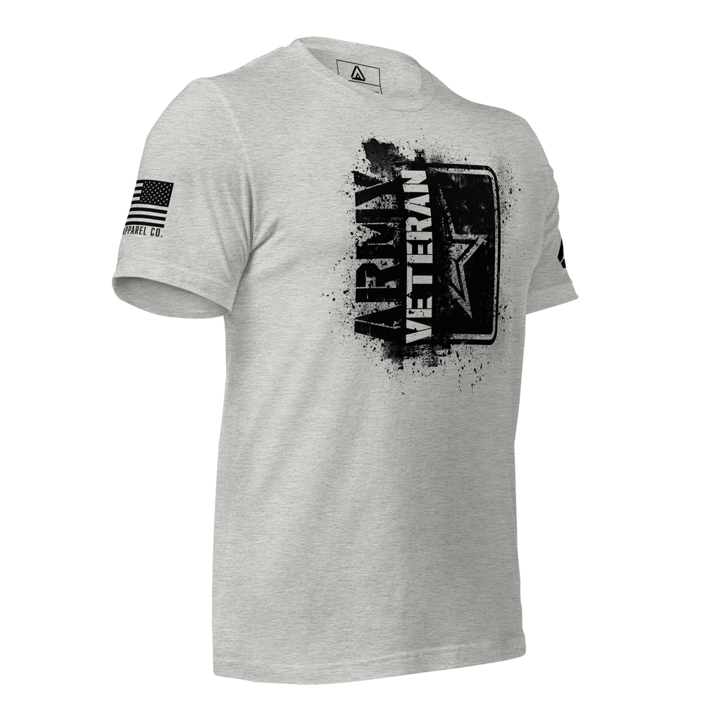 Athletic heather t-shirt, three-quarter view angled left, featuring a black "ARMY VETERAN" chest graphic and American flag.