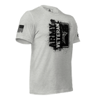 Athletic heather t-shirt, three-quarter view angled left, featuring a black "ARMY VETERAN" chest graphic and American flag.