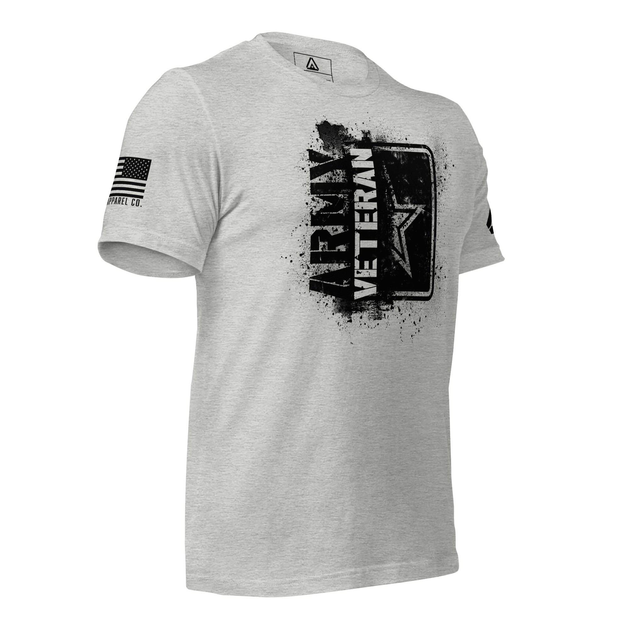 Athletic heather t-shirt, three-quarter view angled left, featuring a black "ARMY VETERAN" chest graphic and American flag.