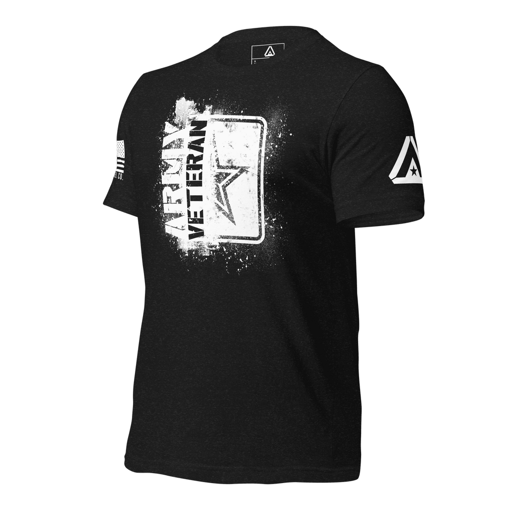 Black t-shirt, three-quarter view angled right, featuring a white "ARMY VETERAN" chest graphic and DIA logo.