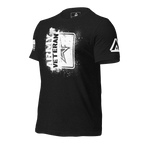 Black t-shirt, three-quarter view angled right, featuring a white "ARMY VETERAN" chest graphic and DIA logo.