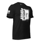 Black t-shirt, three-quarter view angled left, featuring a white "ARMY VETERAN" chest graphic and American flag.