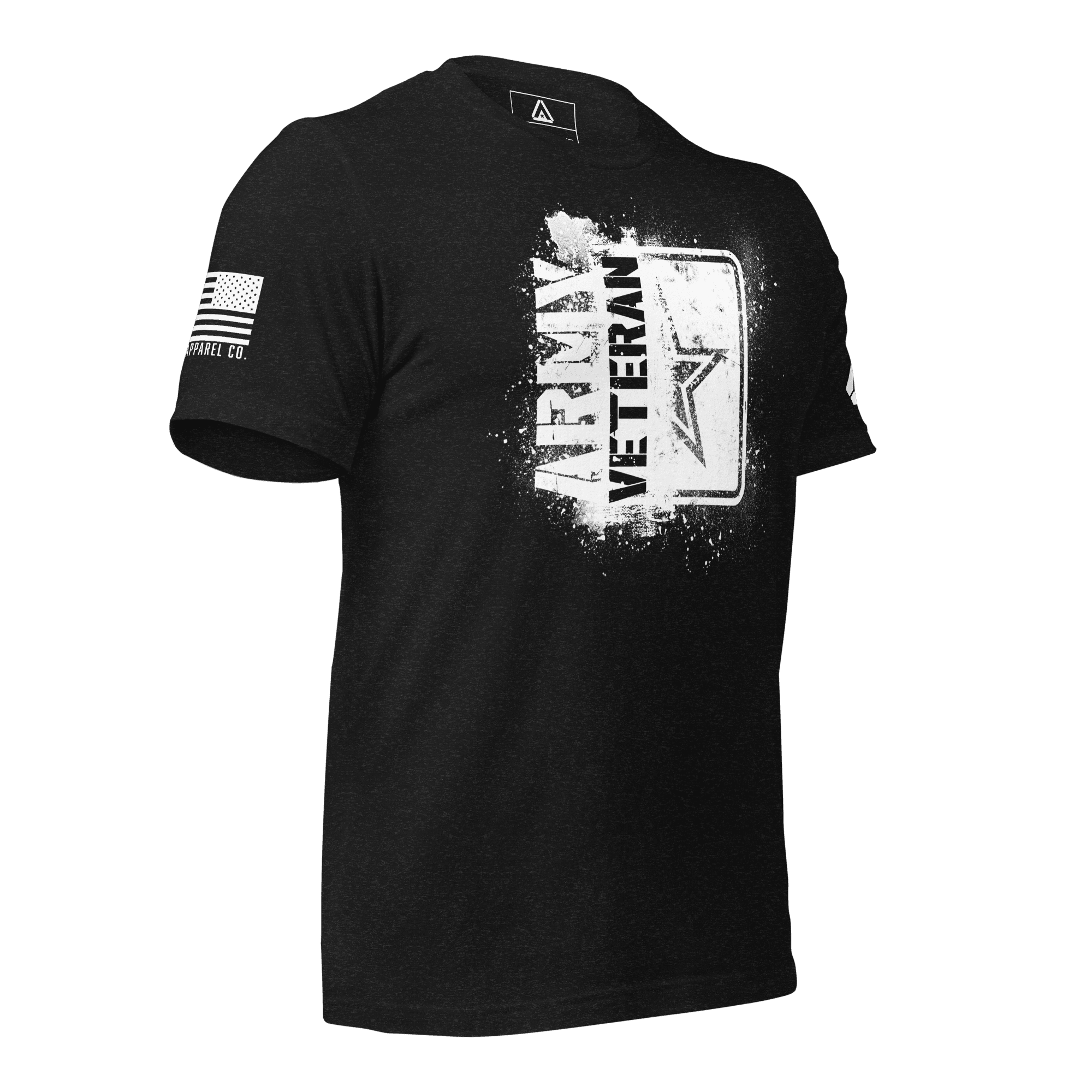 Black t-shirt, three-quarter view angled left, featuring a white "ARMY VETERAN" chest graphic and American flag.