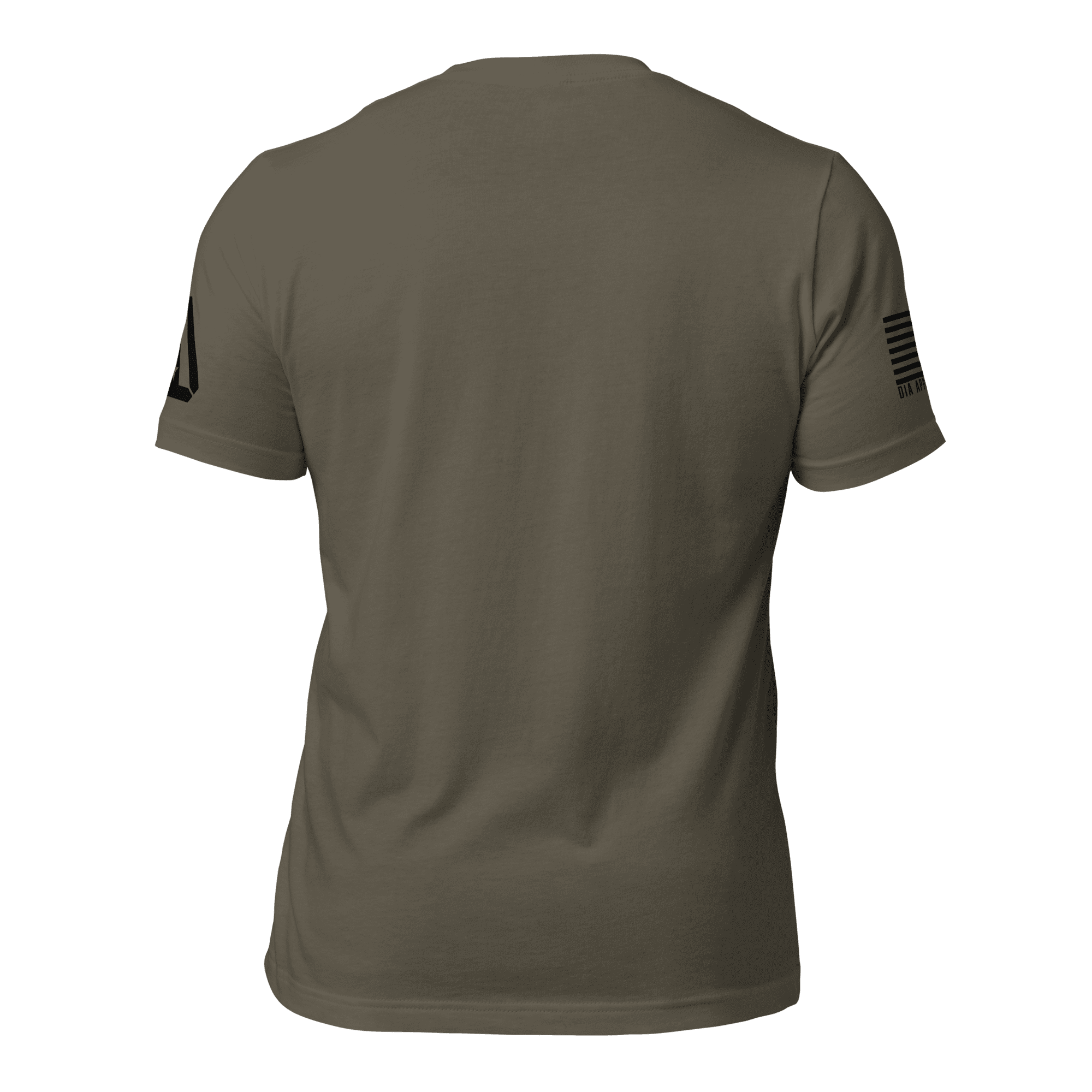 Army green t-shirt, back view, featuring a black DIA logo on the left sleeve and an American flag on the right.