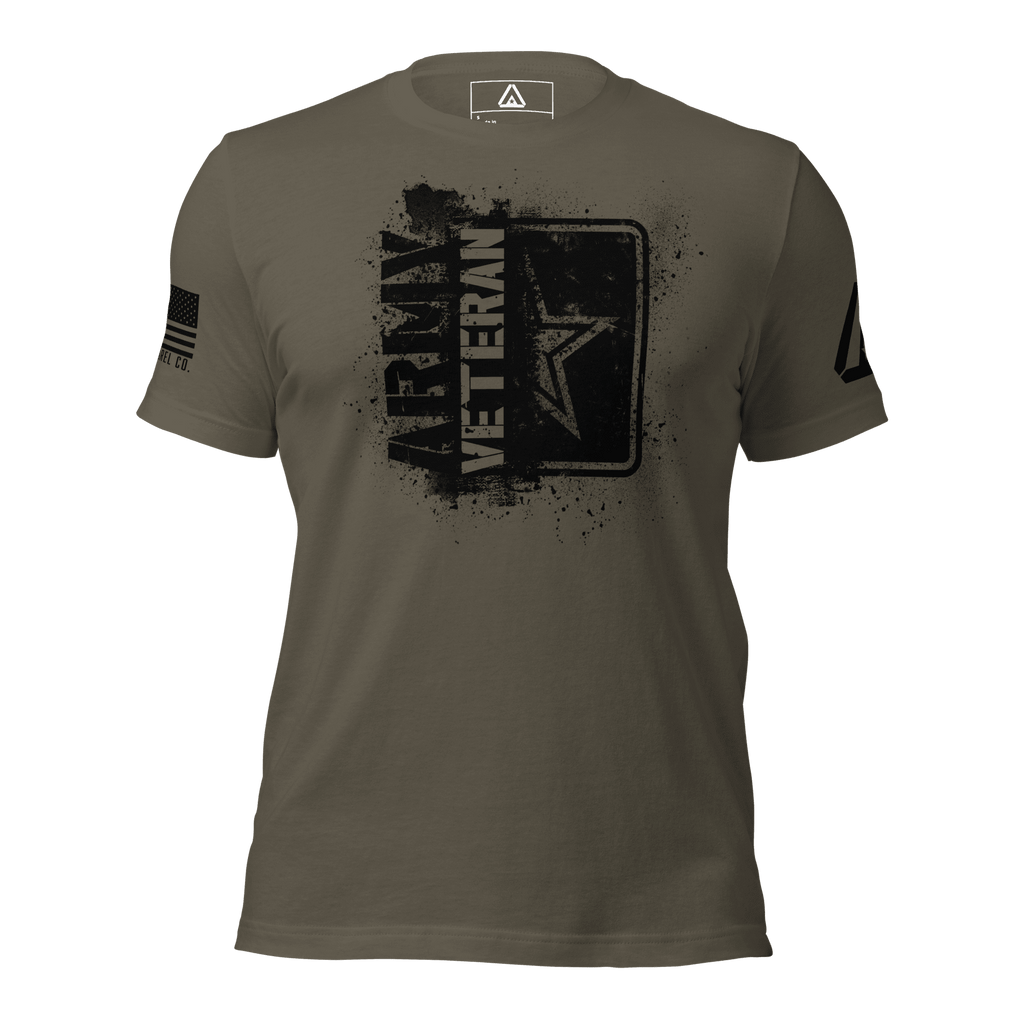 Army green t-shirt featuring a black "ARMY VETERAN" chest graphic, an American flag, and a DIA logo on the sleeves.