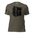 Army green t-shirt featuring a black "ARMY VETERAN" chest graphic, an American flag, and a DIA logo on the sleeves.