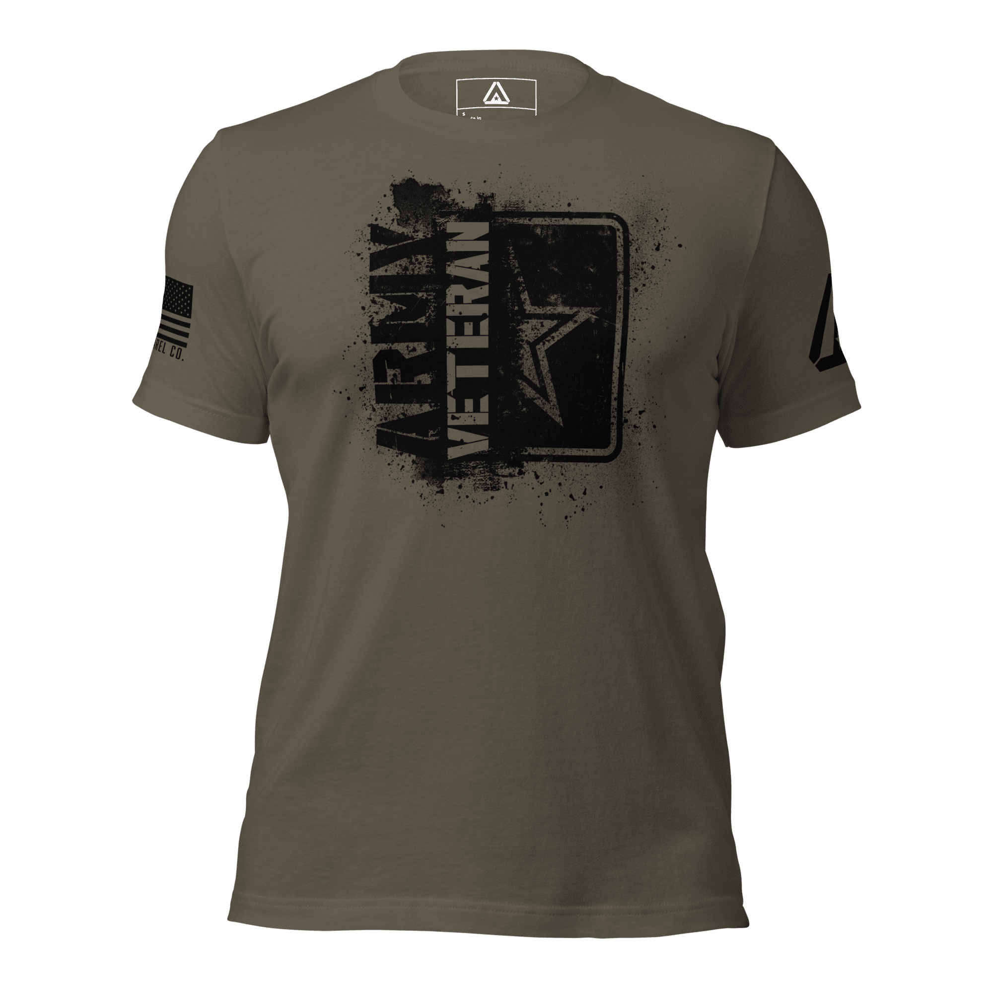 Army green t-shirt featuring a black "ARMY VETERAN" chest graphic, an American flag, and a DIA logo on the sleeves.