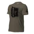 Army green t-shirt, three-quarter view angled right, featuring a black "ARMY VETERAN" chest graphic and DIA logo.