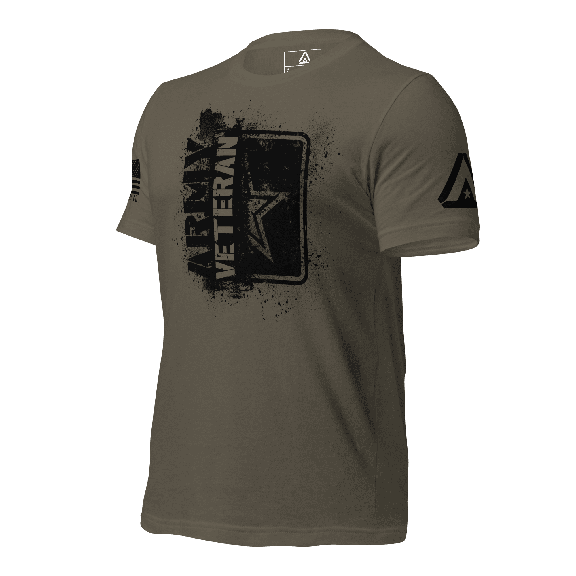 Army green t-shirt, three-quarter view angled right, featuring a black "ARMY VETERAN" chest graphic and DIA logo.