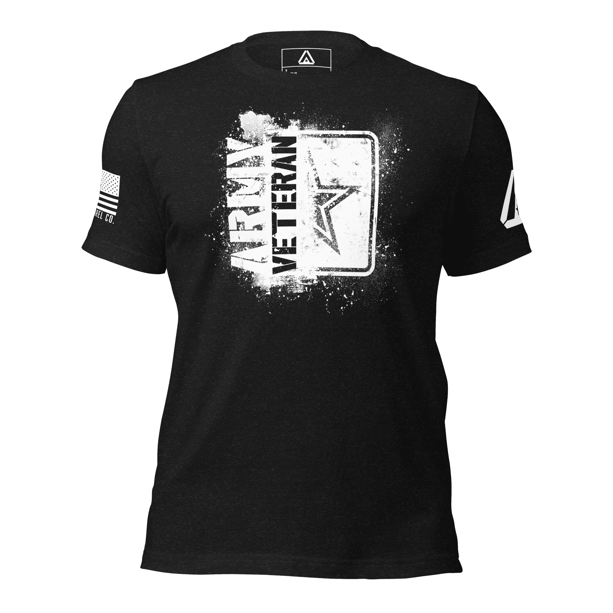Black t-shirt featuring a white "ARMY VETERAN" chest graphic, an American flag, and a DIA logo on the sleeves.