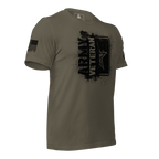 Army green t-shirt, three-quarter view angled left, featuring a black "ARMY VETERAN" chest graphic and American flag.