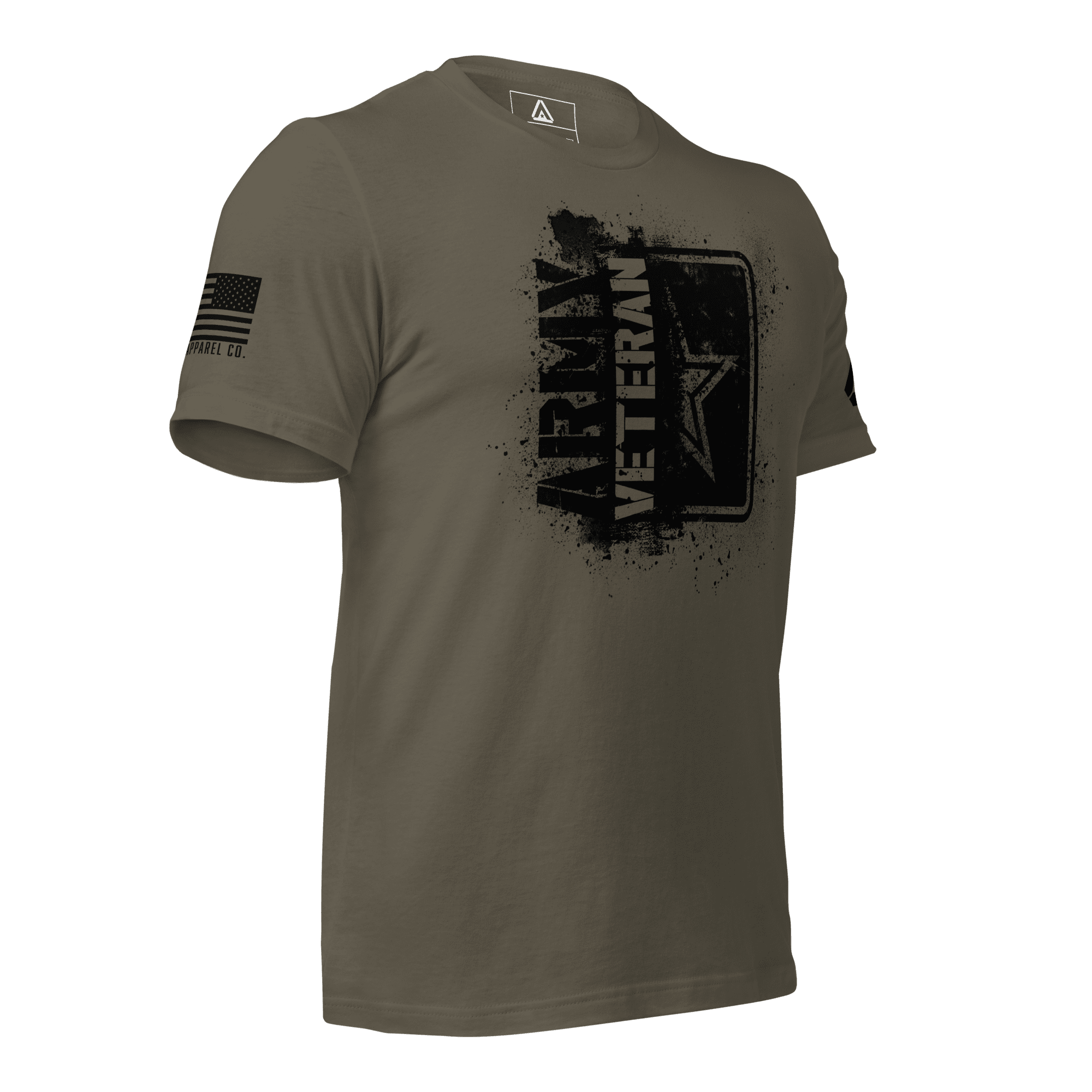Army green t-shirt, three-quarter view angled left, featuring a black "ARMY VETERAN" chest graphic and American flag.