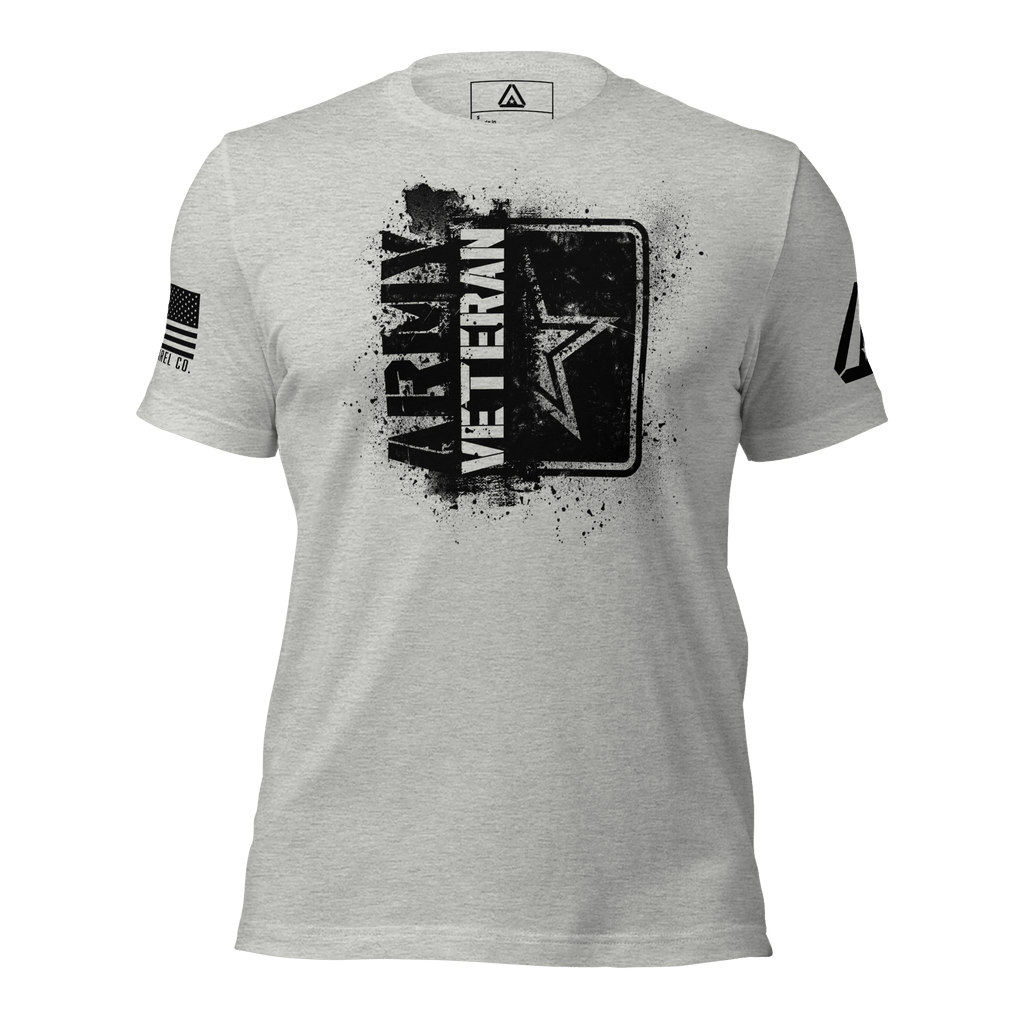 Athletic heather t-shirt featuring a black "ARMY VETERAN" chest graphic, an American flag, and a DIA logo on the sleeves.
