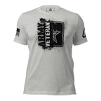 Athletic heather t-shirt featuring a black "ARMY VETERAN" chest graphic, an American flag, and a DIA logo on the sleeves.