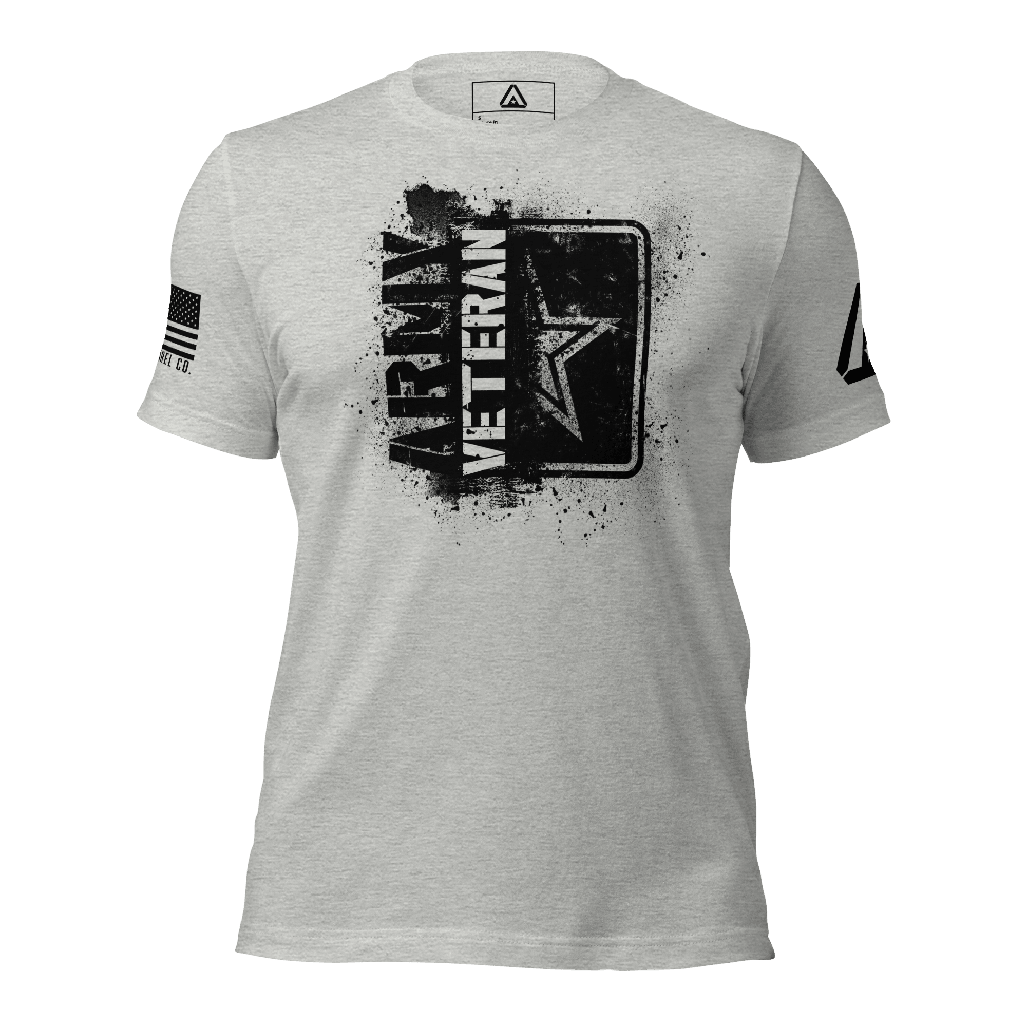 Athletic heather t-shirt featuring a black "ARMY VETERAN" chest graphic, an American flag, and a DIA logo on the sleeves.