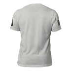 Athletic heather t-shirt, back view, featuring a black DIA logo on the left sleeve and an American flag on the right.