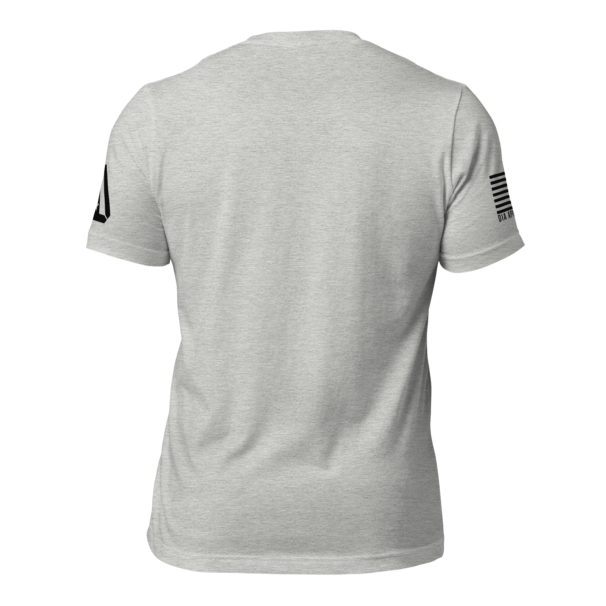 Athletic heather t-shirt, back view, featuring a black DIA logo on the left sleeve and an American flag on the right.