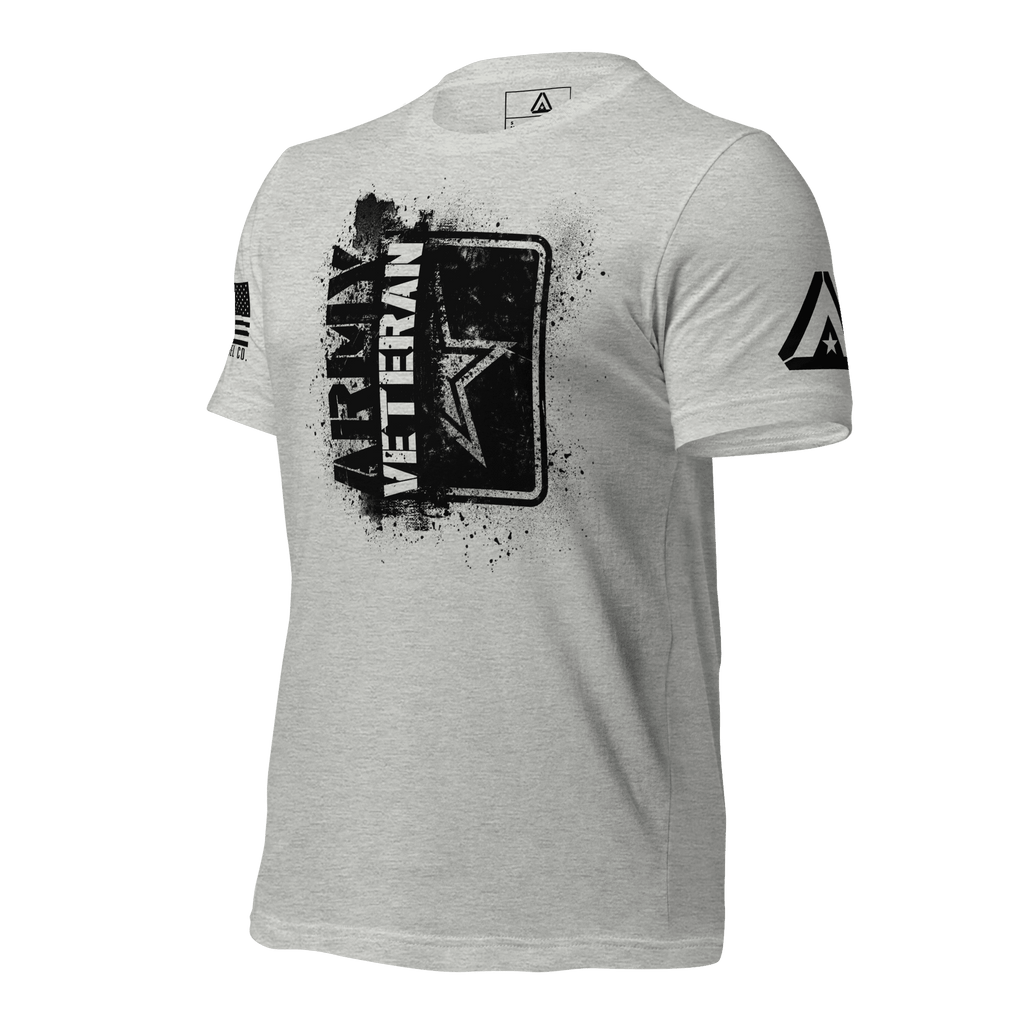 Athletic heather t-shirt, three-quarter view angled right, featuring a black "ARMY VETERAN" chest graphic and DIA logo.