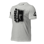 Athletic heather t-shirt, three-quarter view angled right, featuring a black "ARMY VETERAN" chest graphic and DIA logo.