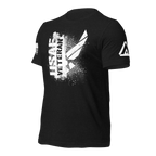 Black t-shirt, three-quarter view angled right, featuring a white "USAF VETERAN" chest graphic and DIA logo.