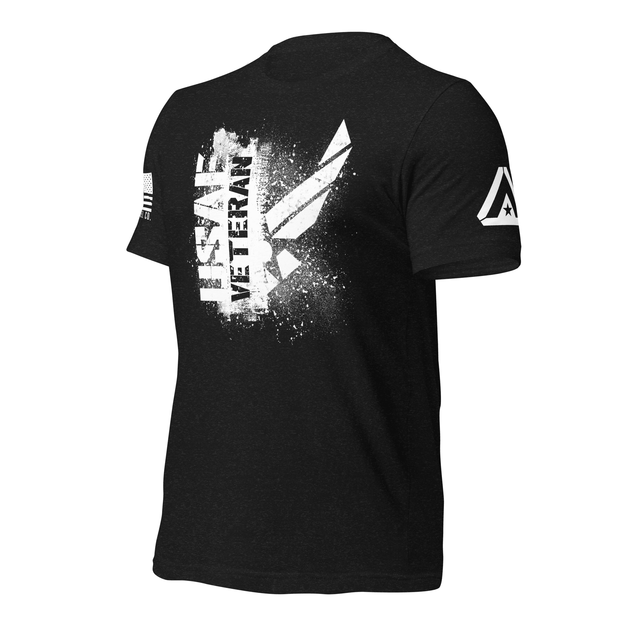 Black t-shirt, three-quarter view angled right, featuring a white "USAF VETERAN" chest graphic and DIA logo.