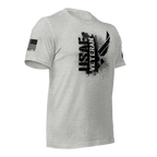Athletic heather t-shirt, three-quarter view angled left, featuring a black "USAF VETERAN" chest graphic and an American flag