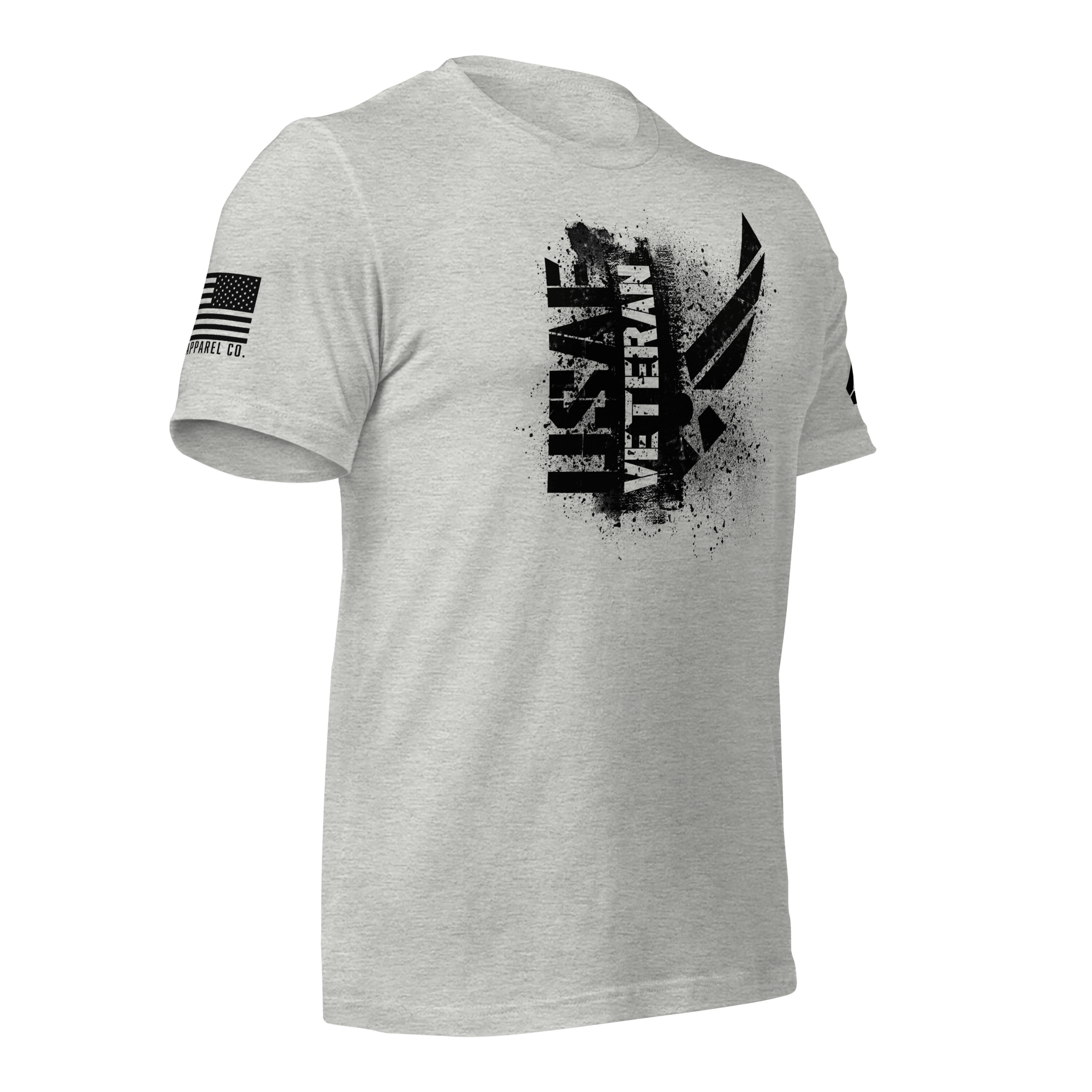 Athletic heather t-shirt, three-quarter view angled left, featuring a black "USAF VETERAN" chest graphic and an American flag