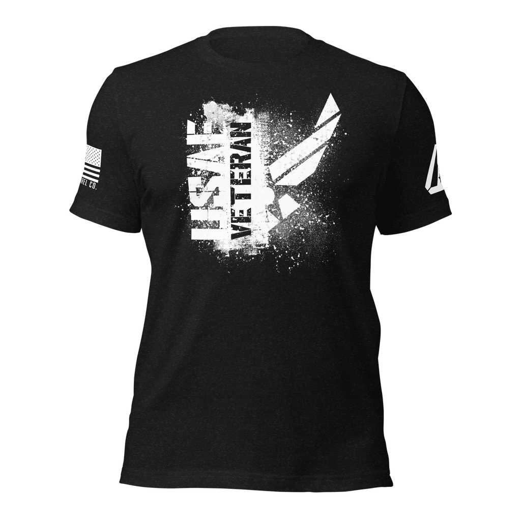 Black t-shirt featuring a white "USAF VETERAN" chest graphic, an American flag, and a DIA logo on the sleeves.