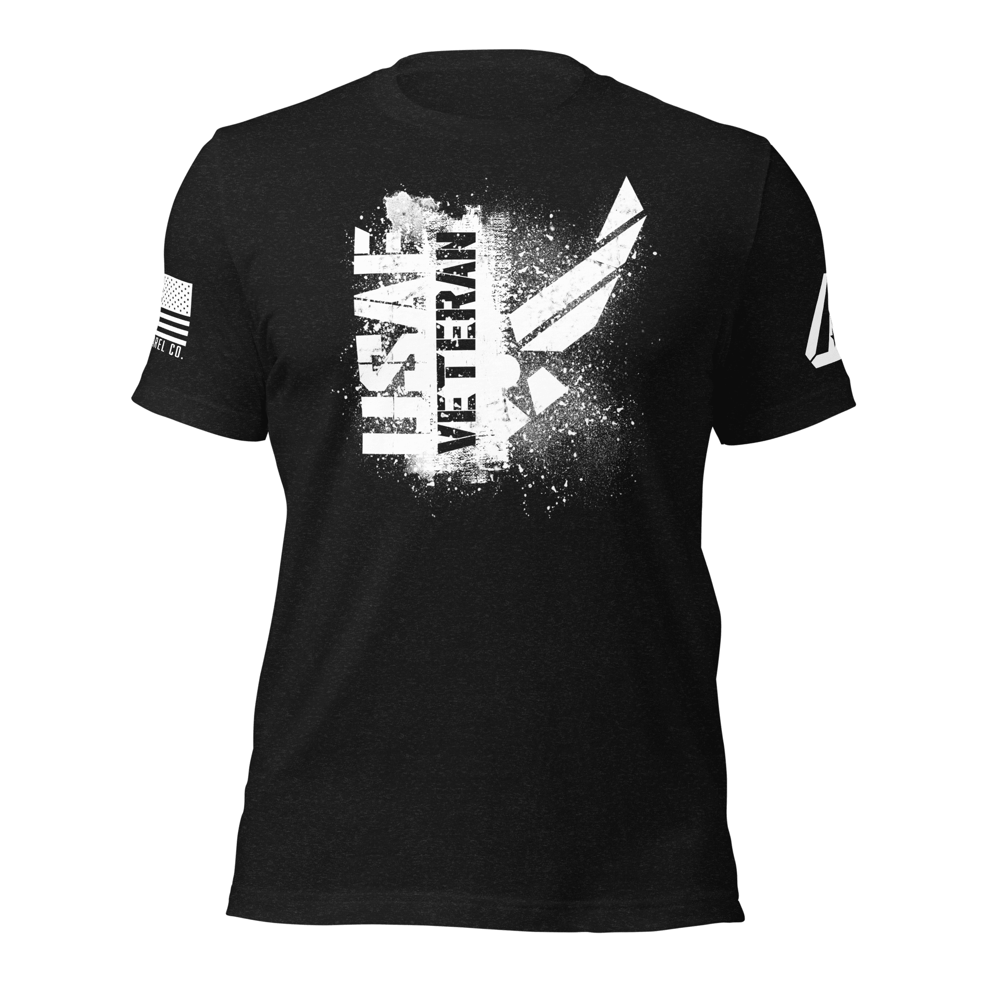 Black t-shirt featuring a white "USAF VETERAN" chest graphic, an American flag, and a DIA logo on the sleeves.