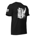 Black t-shirt, three-quarter view angled left, featuring a white "USAF VETERAN" chest graphic and an American flag.