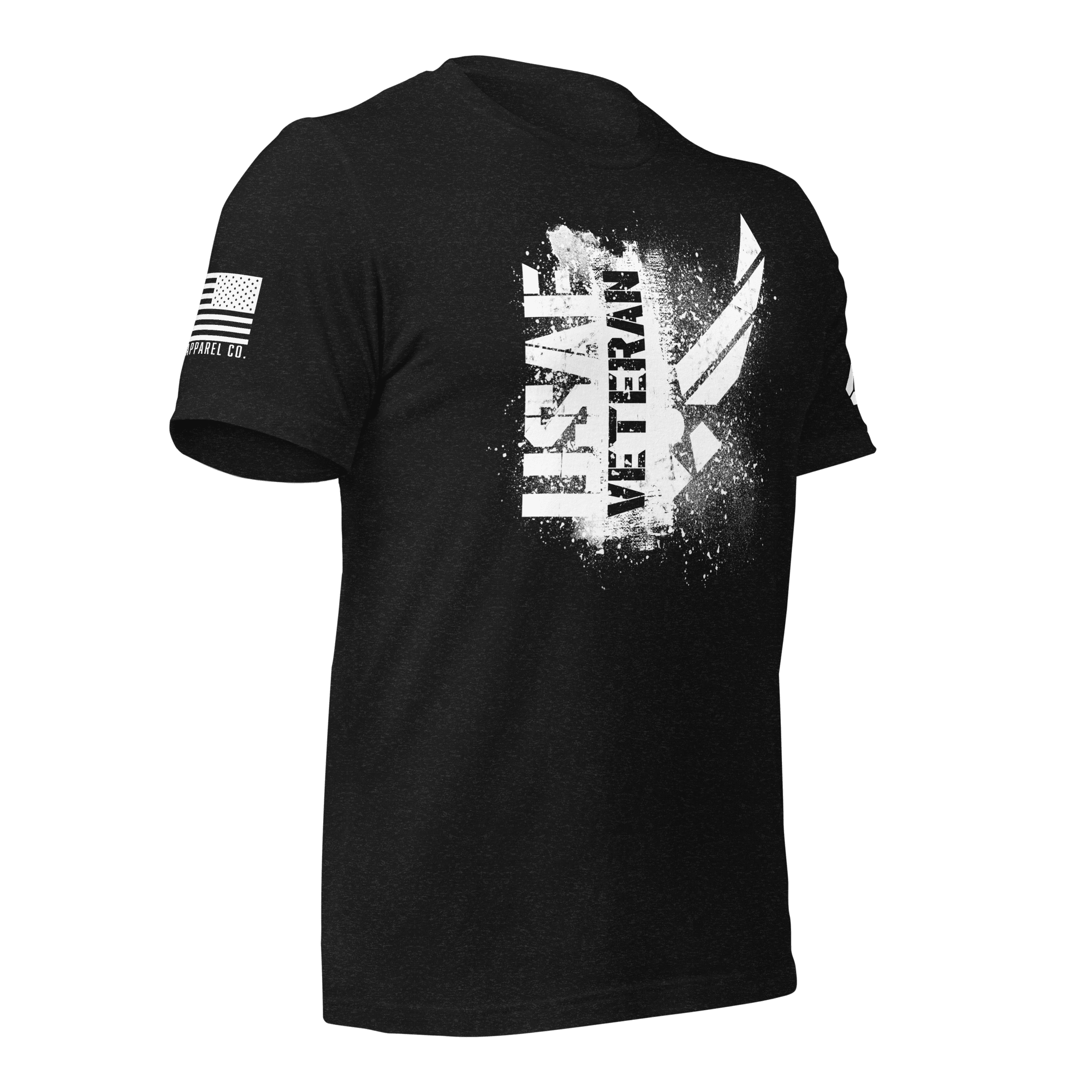 Black t-shirt, three-quarter view angled left, featuring a white "USAF VETERAN" chest graphic and an American flag.