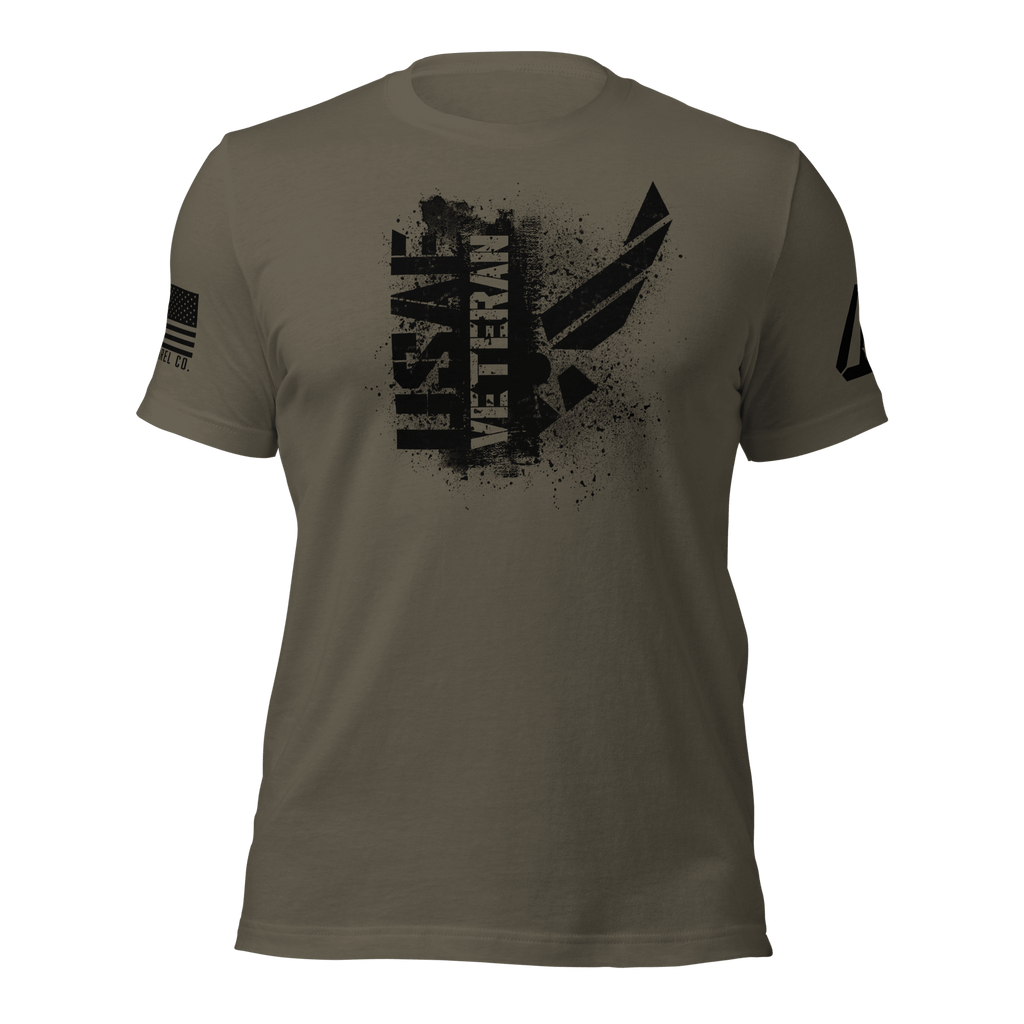 Army green t-shirt featuring a black "USAF VETERAN" chest graphic, an American flag, and a DIA logo on the sleeves.