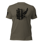 Army green t-shirt featuring a black "USAF VETERAN" chest graphic, an American flag, and a DIA logo on the sleeves.