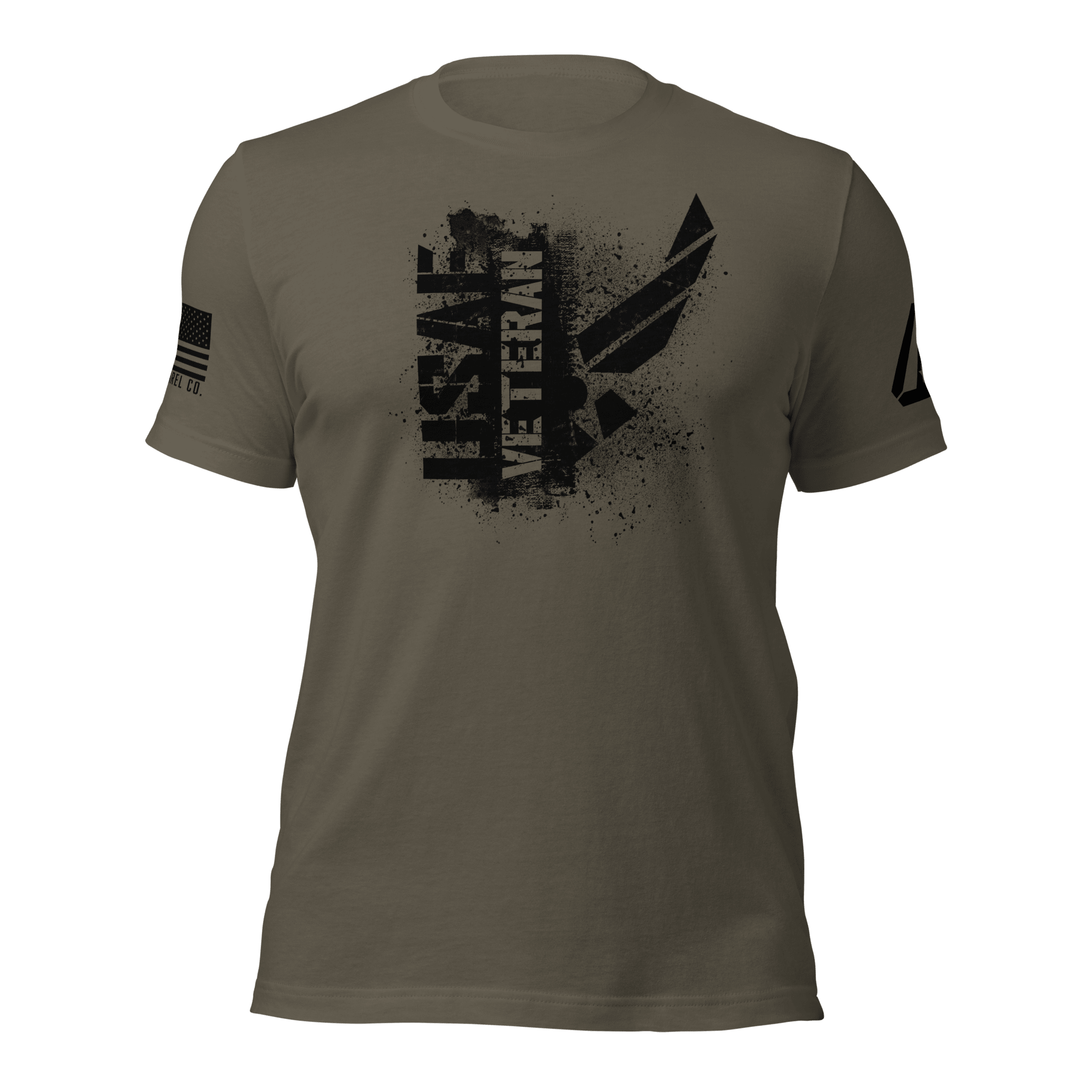 Army green t-shirt featuring a black "USAF VETERAN" chest graphic, an American flag, and a DIA logo on the sleeves.