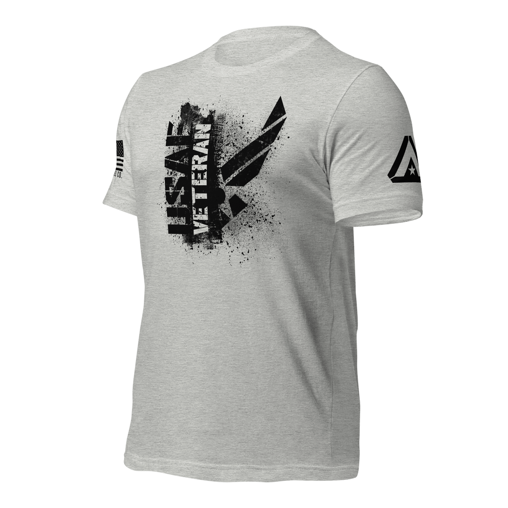 Athletic heather t-shirt, three-quarter view angled right, featuring a black "USAF VETERAN" chest graphic and DIA logo.