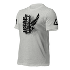 Athletic heather t-shirt, three-quarter view angled right, featuring a black "USAF VETERAN" chest graphic and DIA logo.