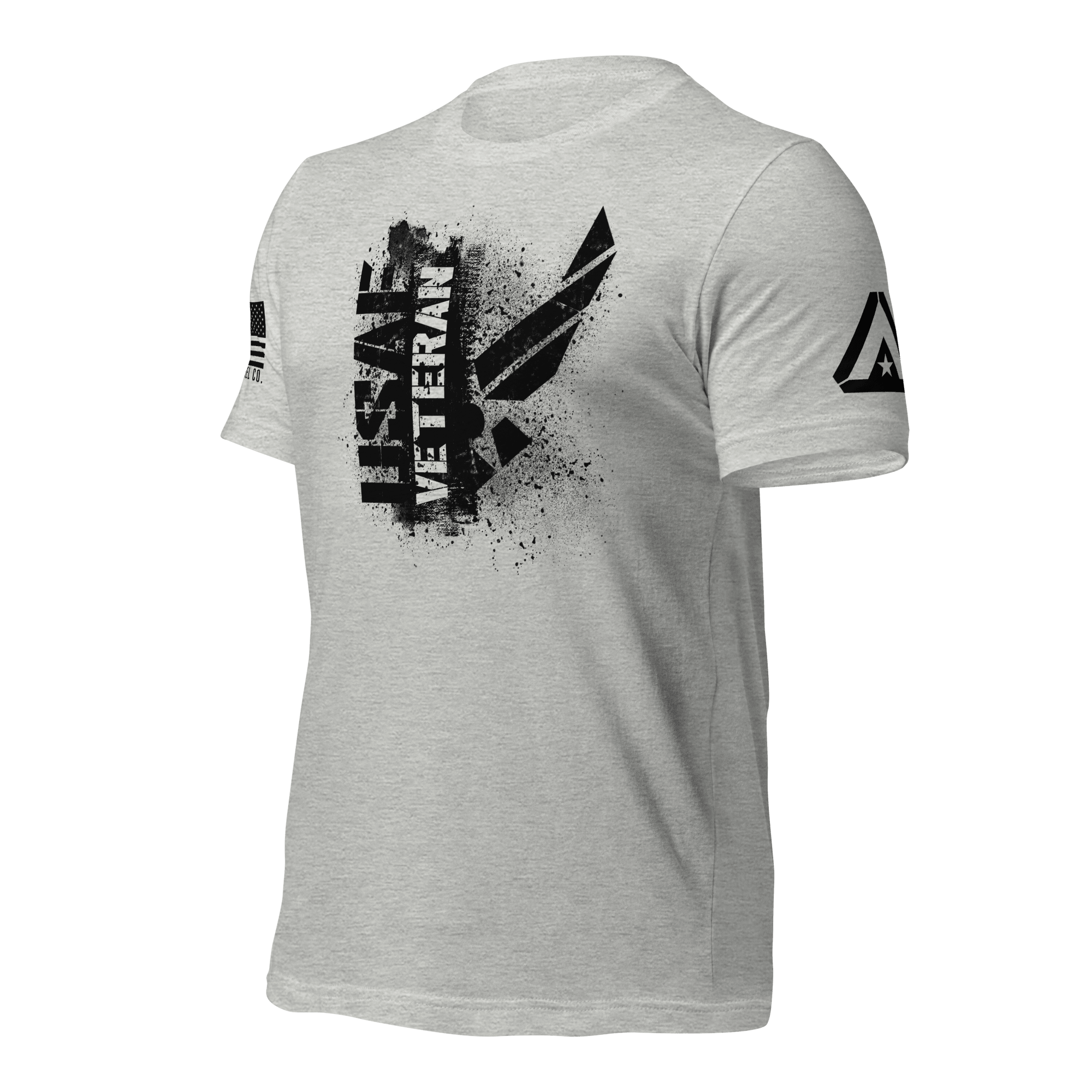 Athletic heather t-shirt, three-quarter view angled right, featuring a black "USAF VETERAN" chest graphic and DIA logo.